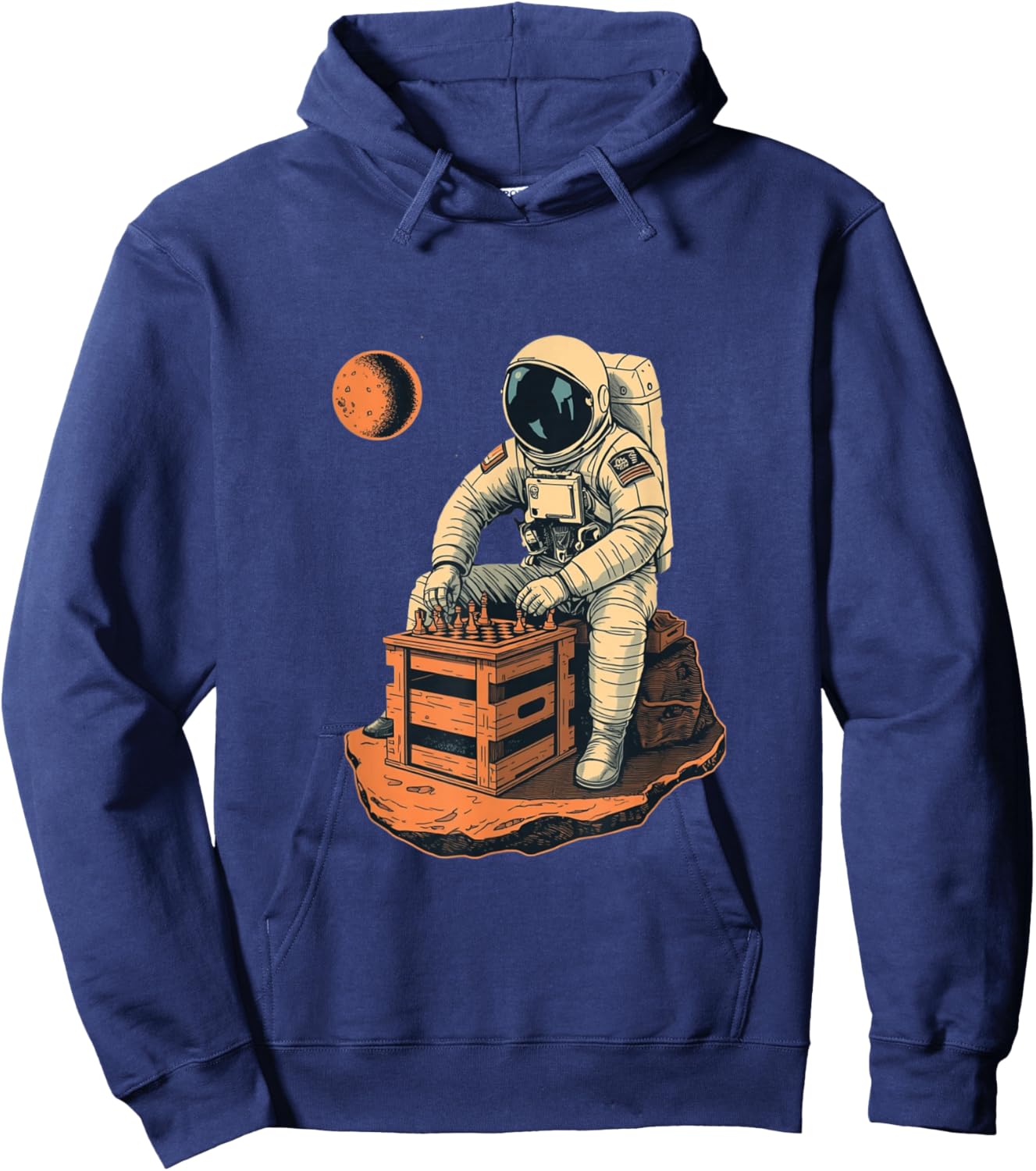 Vintage Astronaut Playing Chess Retro Sci Fi Illustration Hoodie - Hoodie | Navy