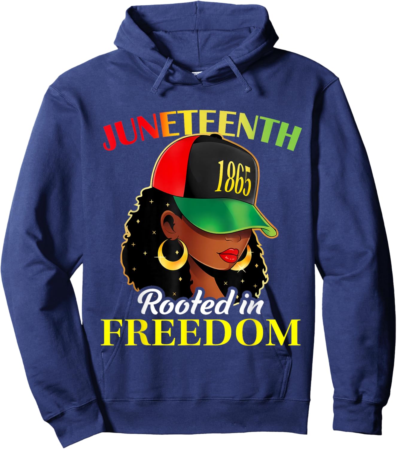 Juneteenth Black Afro Girl with Cap Woman Rooted in Freedom Hoodie - Hoodie | Navy
