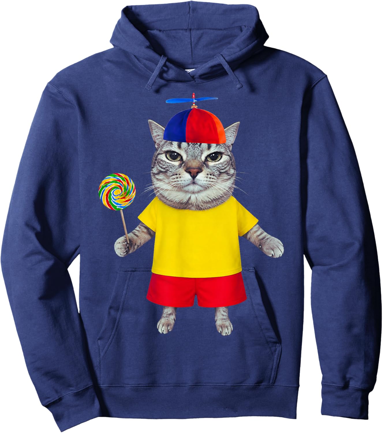 Silly Cat with Lollipop Propeller Hat Funny Meme Men Women Hoodie - Hoodie | Navy