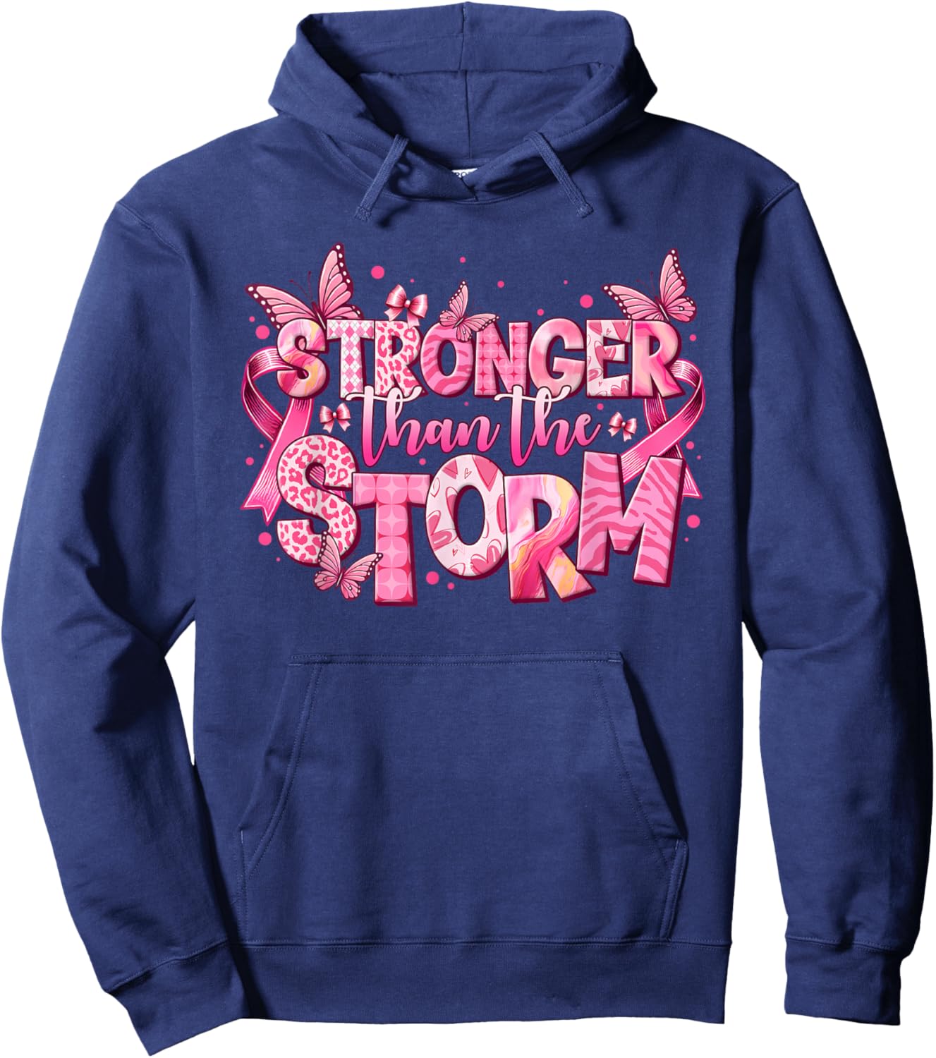 Stronger Than The Storm Pink Ribbon Breast Cancer Awareness Hoodie - Hoodie | Navy