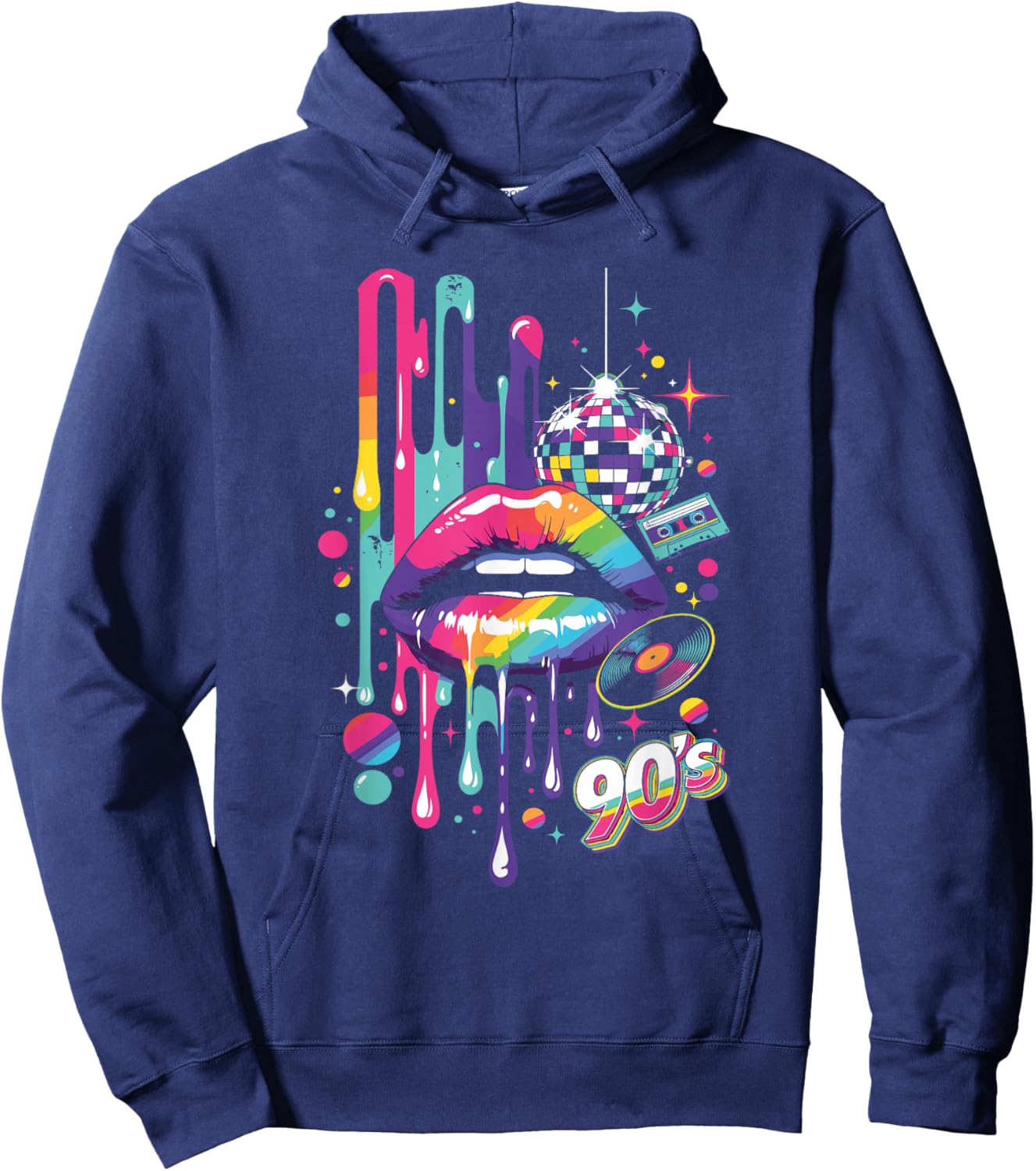 Colourful 90s Lips Retro Disco Cassette Vinyl Party Hoodie - Hoodie | Navy