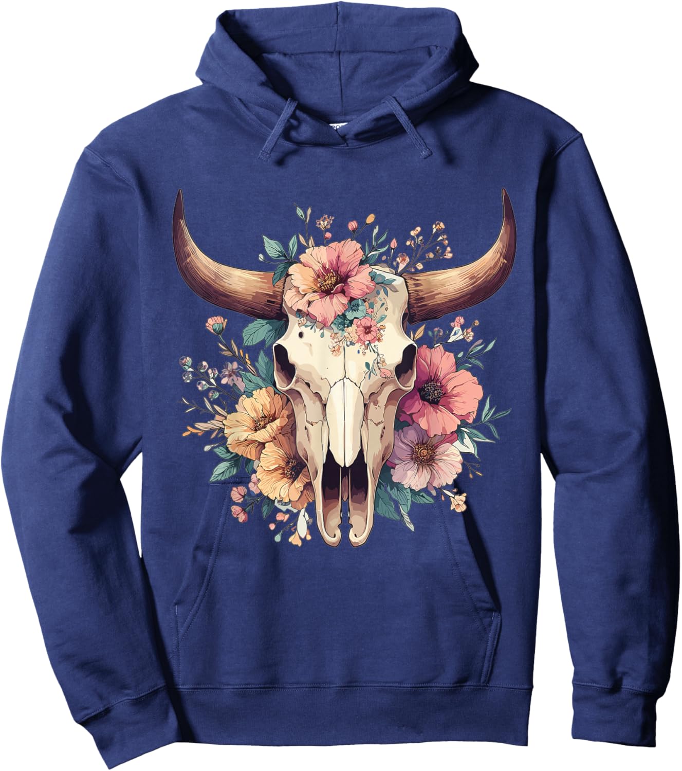 Boho Cow Bull Skull Flowers Wild west Western Cowgirl Texans Hoodie - Hoodie | Navy