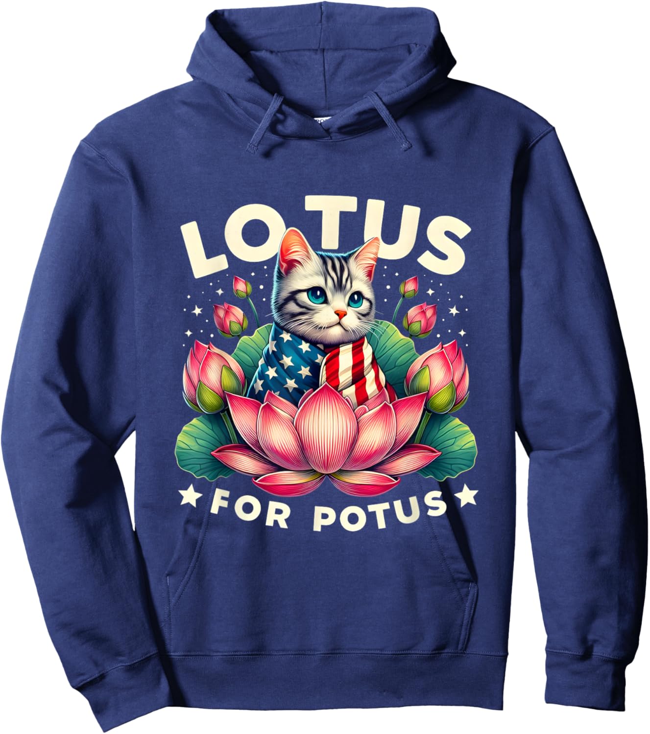 Vintage Lotus for Potus Kamala Harris US Flag Cat Lovers Men Women Girls Kids Hoodie - Hoodie | Navy