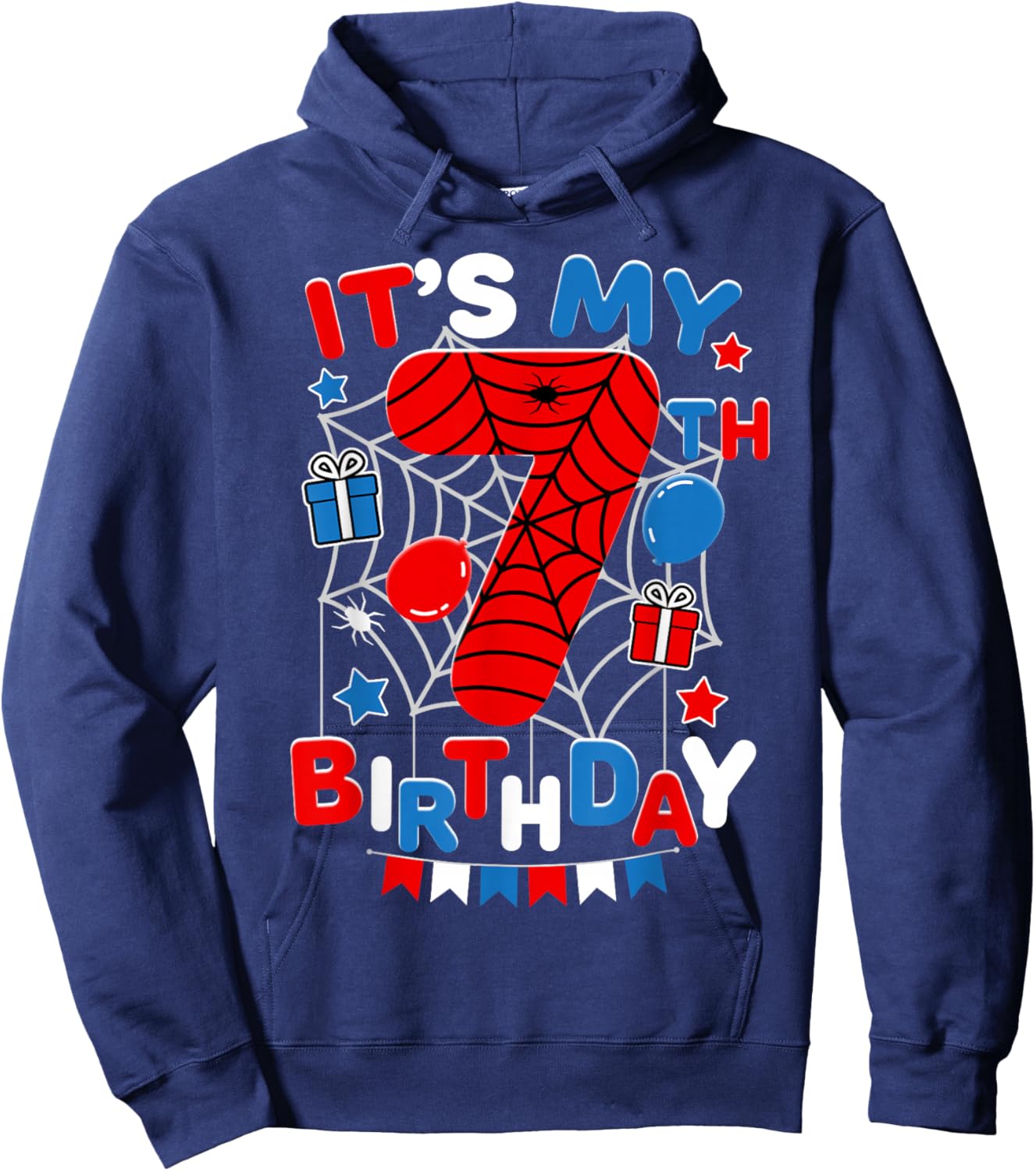 It's My 7th Birthday Spider Theme Party 7 Year Old Boys Kids Hoodie - Hoodie | Navy