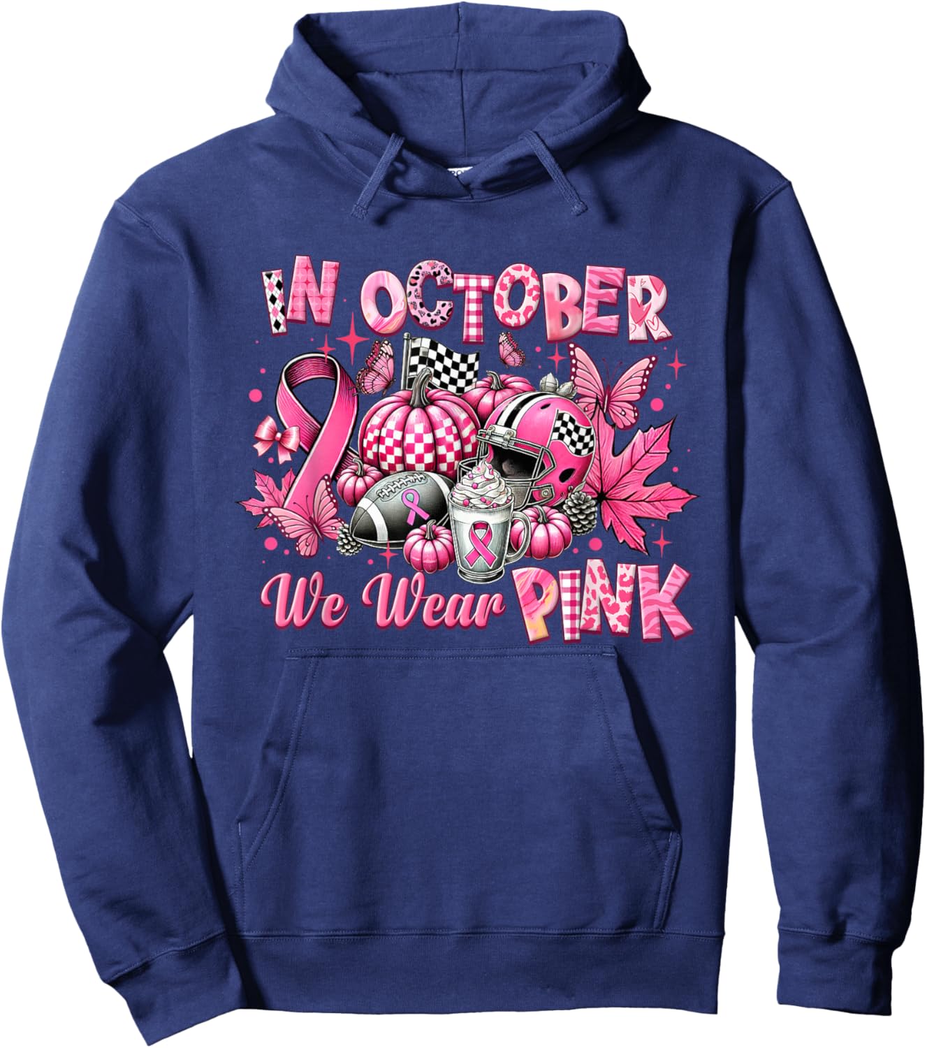 In October We Wear Pink Breast Cancer Pumpkin Football Hoodie - Hoodie | Navy