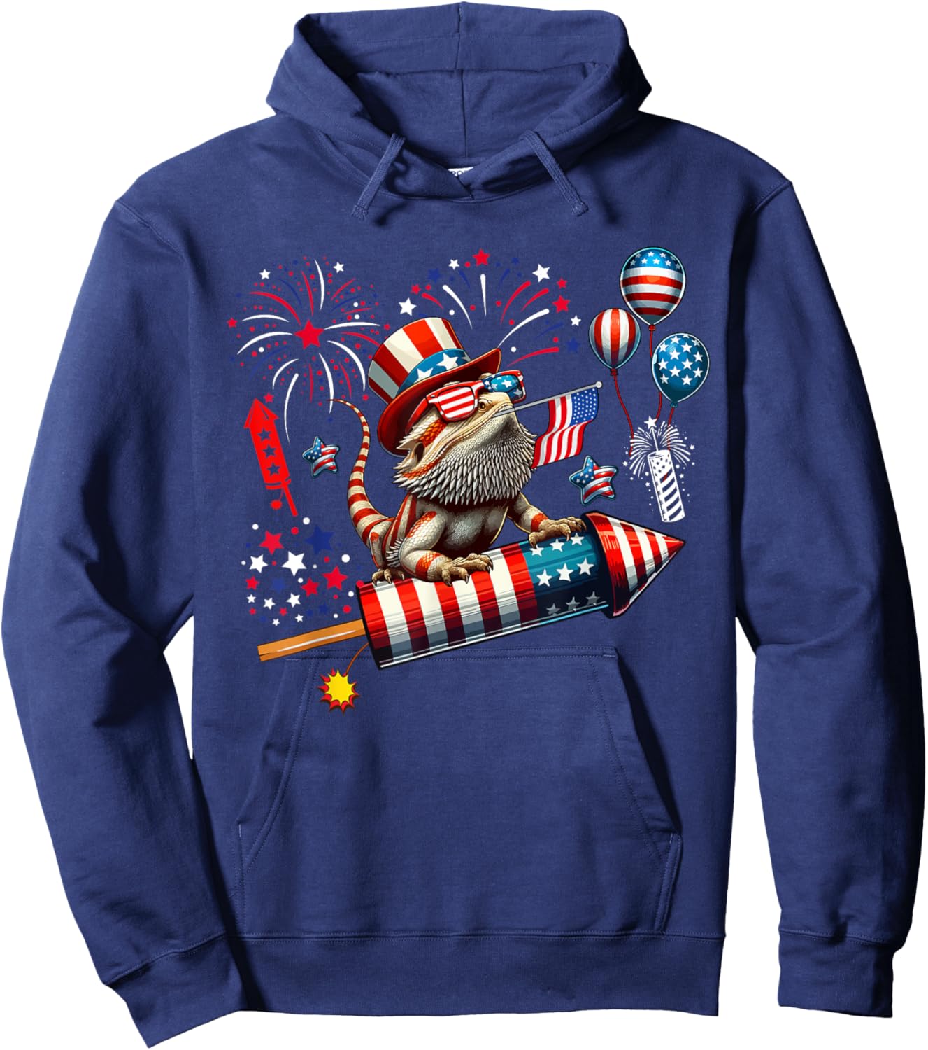 Bearded Dragon Riding Firecracker US Flag 4th Of July Hoodie - Hoodie | Navy