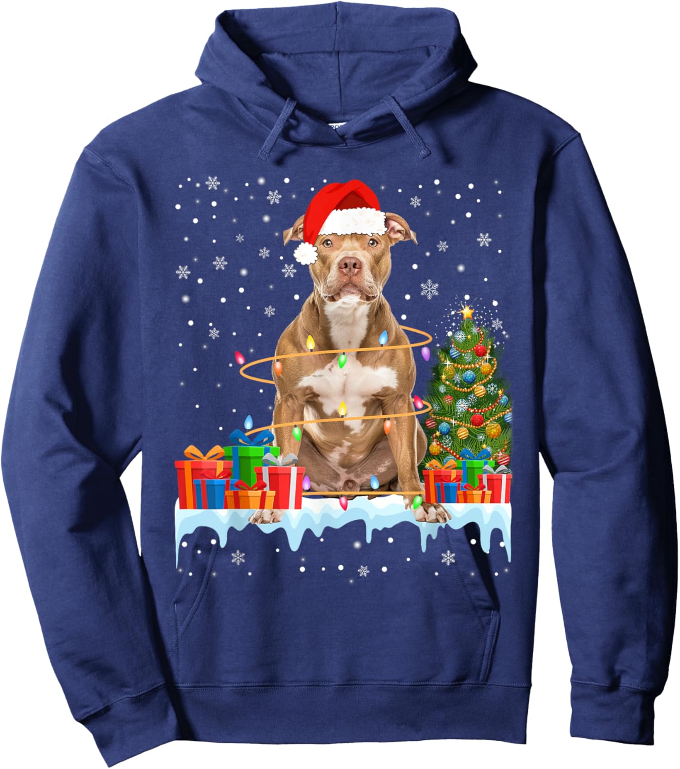 Funny Santa Pitbull Dog Christmas Lights Xmas Pajamas Men Women Kids Hoodie - Hoodie | Navy