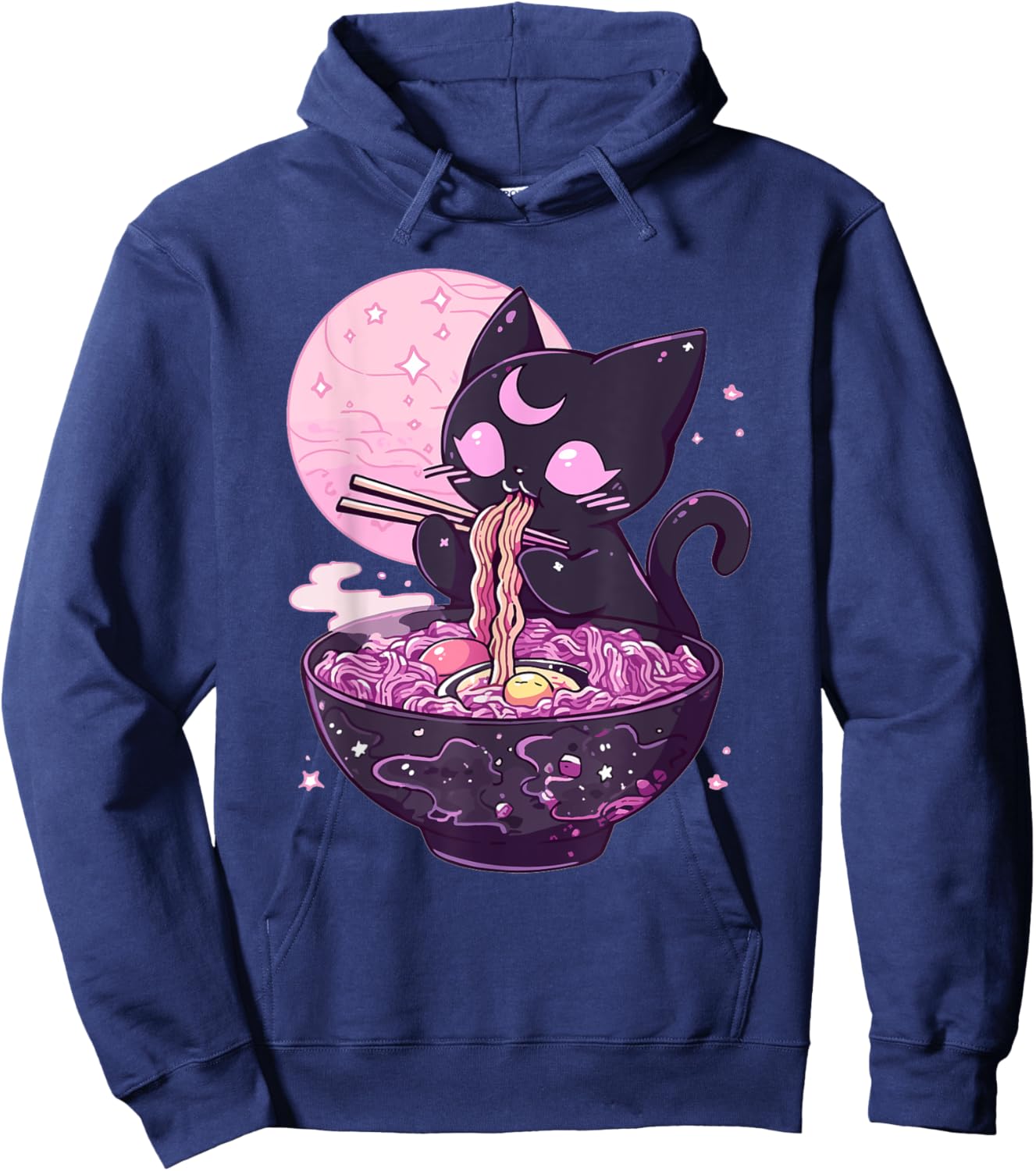 Pastel Goth Aesthetic Kawaii Creepy Cat Eating Ramen Noodles Hoodie - Hoodie | Navy
