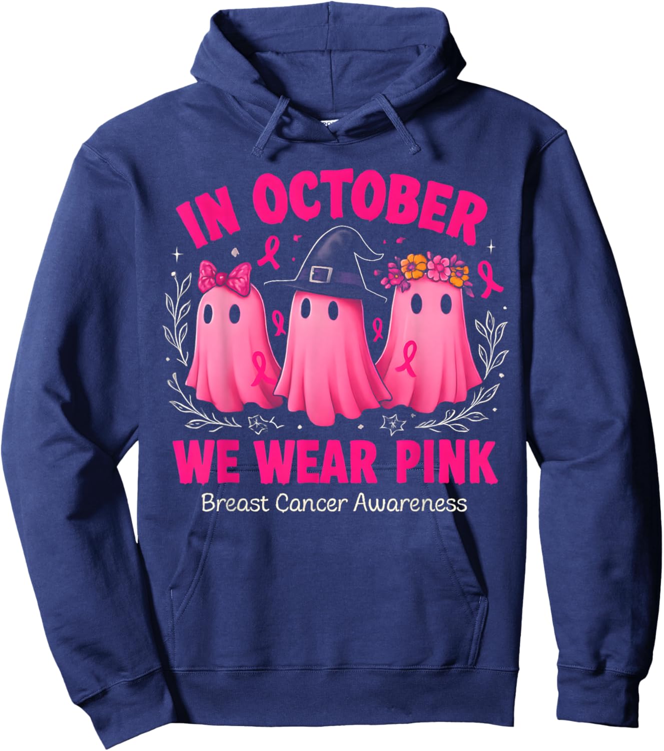 in October We Wear Pink Ghost Halloween Women Breast Cancer Hoodie - Hoodie | Navy