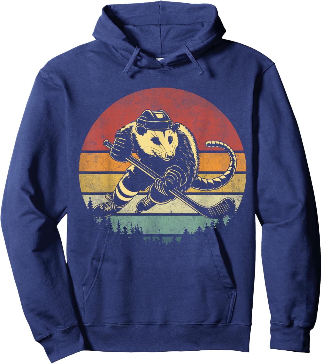 Retro Opossum Playing Hockey Vintage Opossum Hockey Player Hoodie - Hoodie | Navy