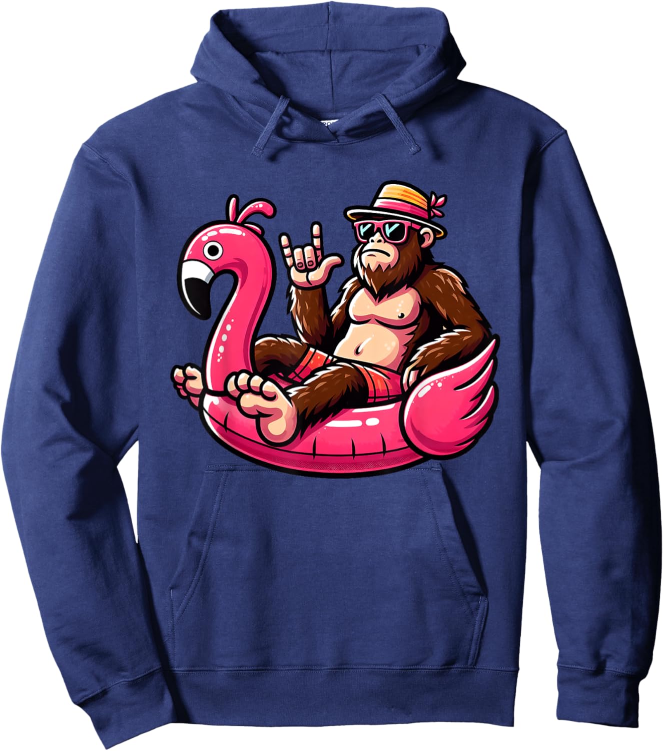 Bigfoot Sasquatch on Flamingo Pool Swimming Hawaii Beaches Men Women Kids Hoodie - Hoodie | Navy