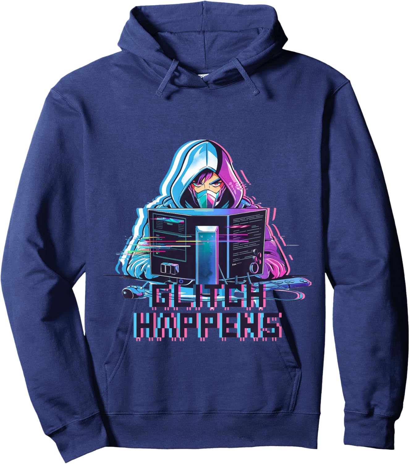Kids Glitch Happens Anime Gamer Boy Male Futuristic Gaming Hoodie - Hoodie | Navy