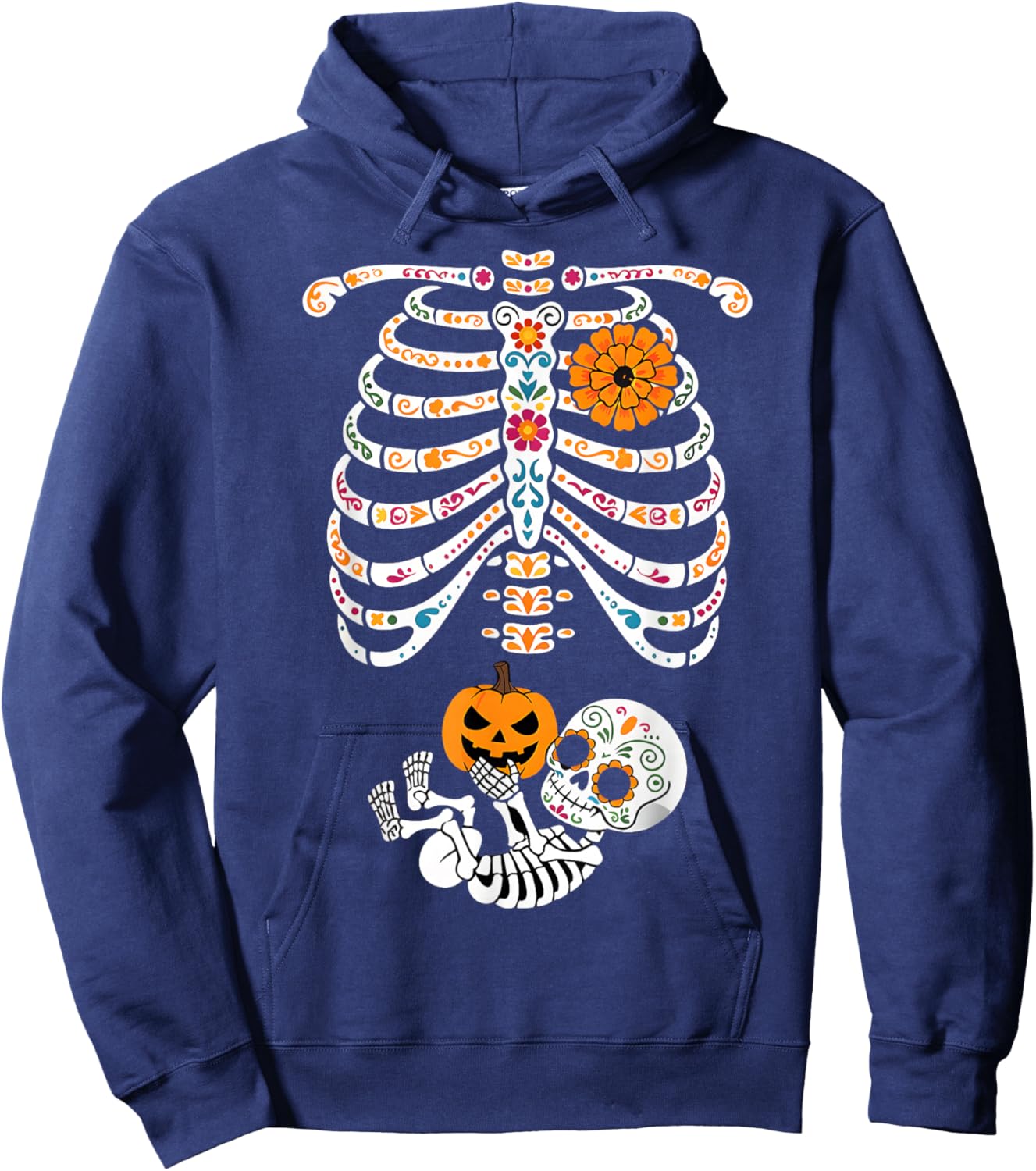 Pregnancy Skeleton Dia De Los Muertos Skelly in My Belly Hoodie - Hoodie | Navy