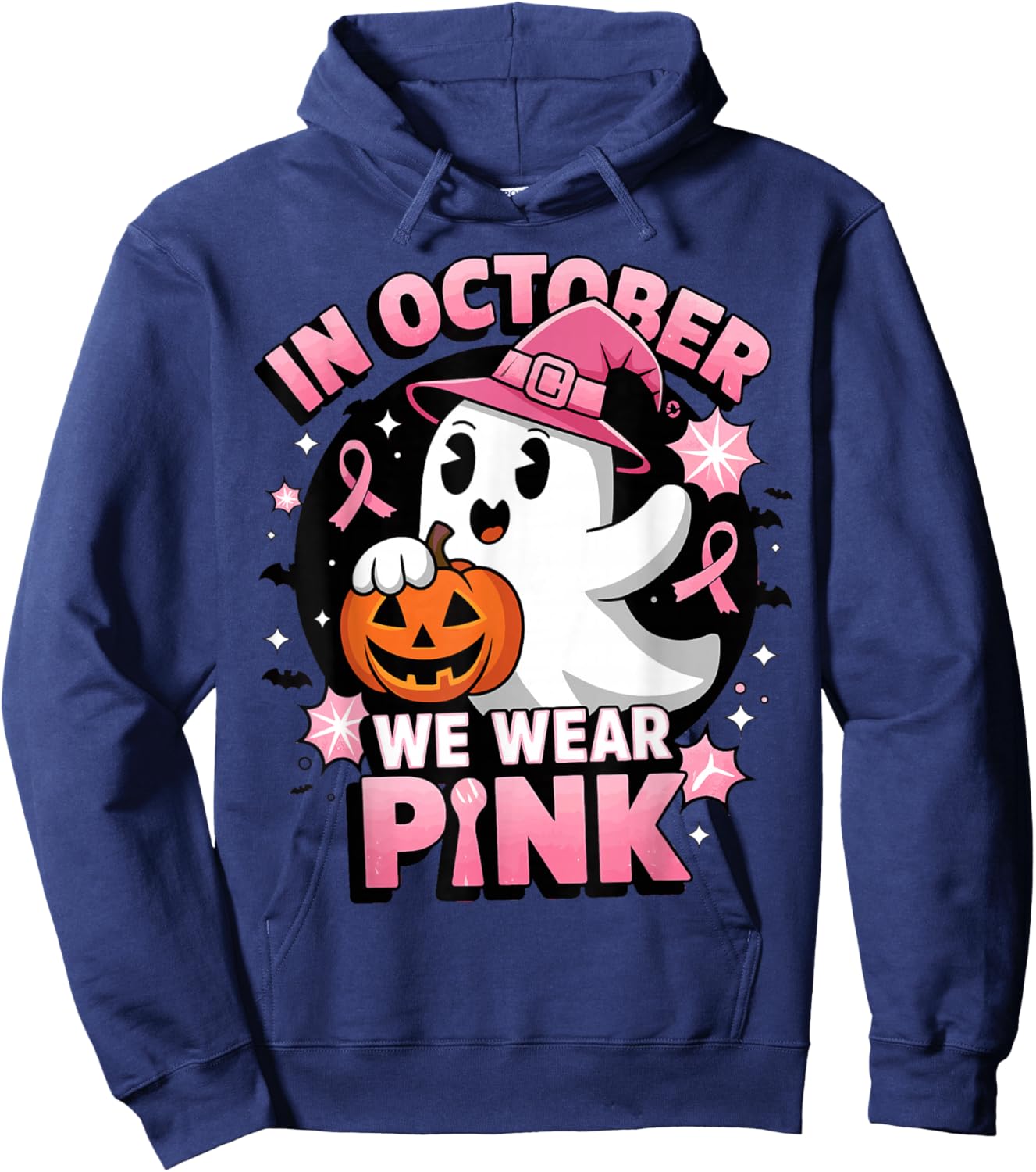 Ghost Witch in October We Wear Pink Breast Cancer Awareness Hoodie - Hoodie | Navy