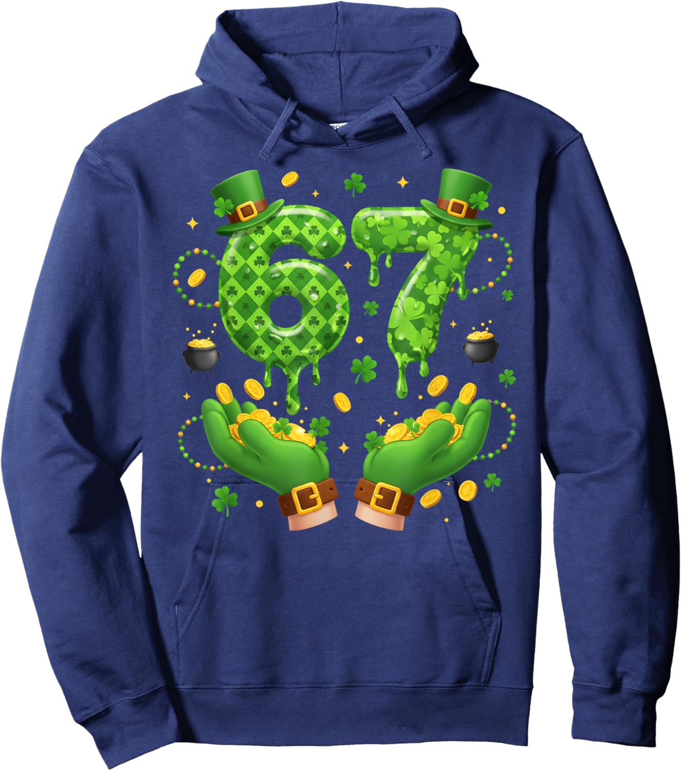 St Patrick’s Day 67 Meme Shamrocks Six Seven 6 7 Girls Boys Hoodie - Hoodie | Navy