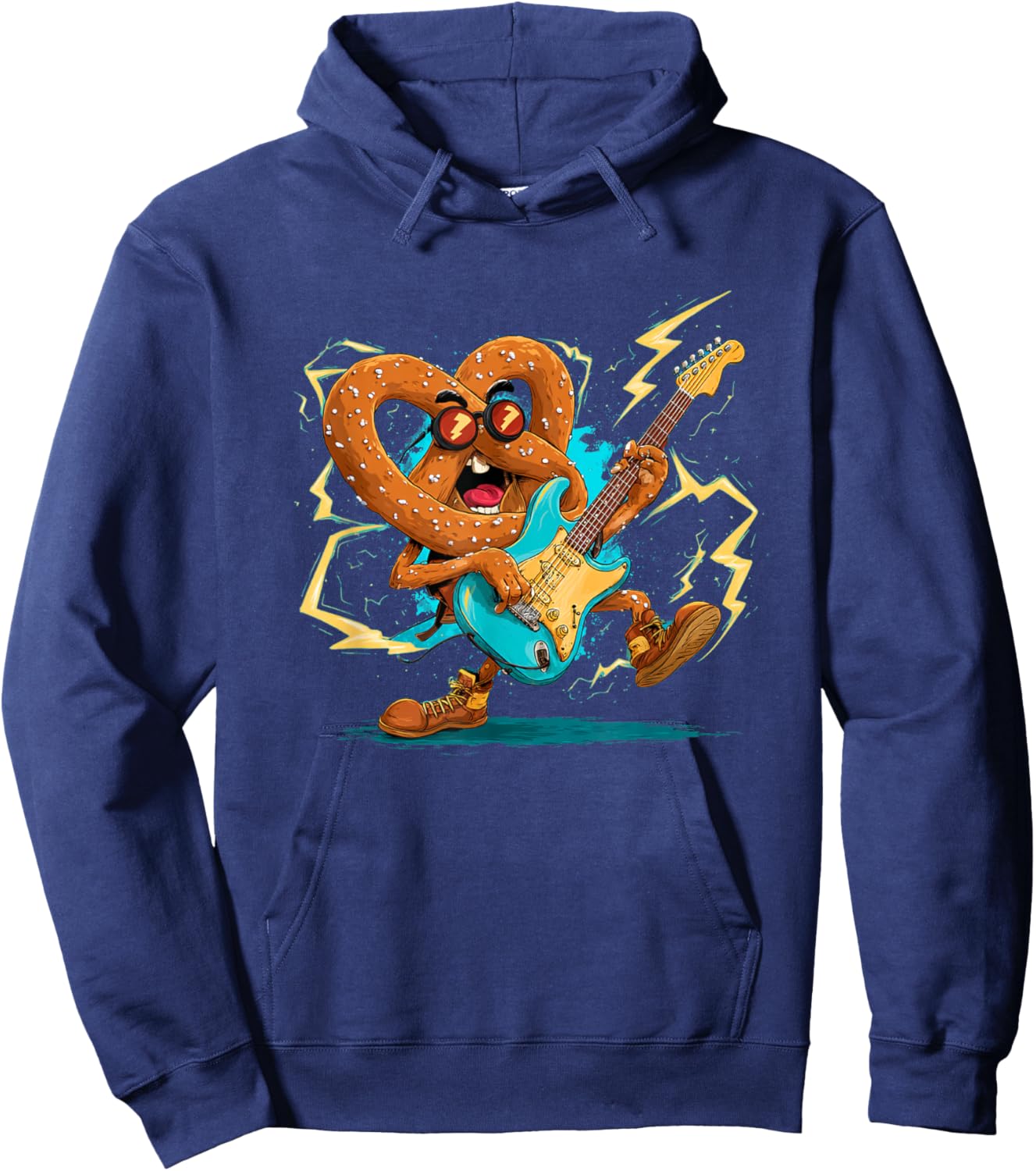 Cool Rock Pretzel with Electric Guitar and Sunglasses Hoodie - Hoodie | Navy