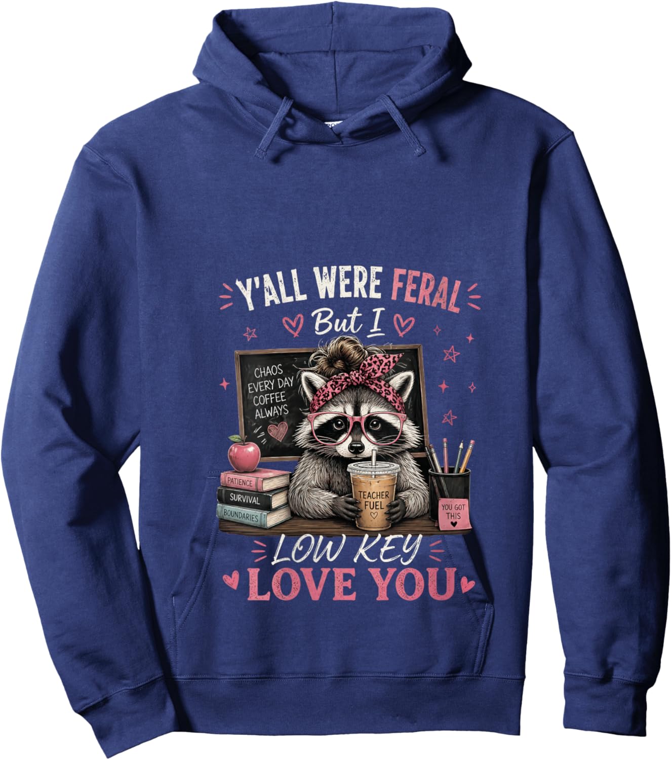 Women's Y'all were Feral But I Low Key Love You Raccoon Iced Coffee V-Neck Hoodie - Hoodie | Navy