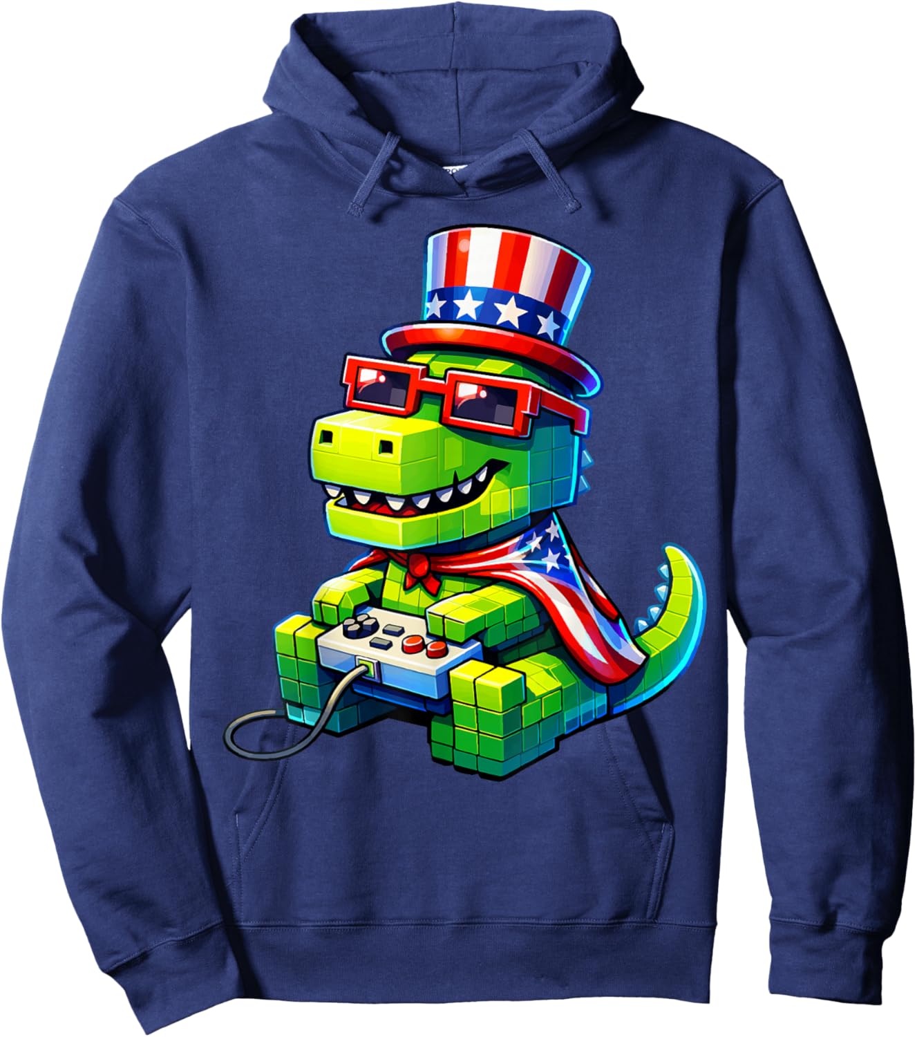 4th of July Gamer Patriotic T Rex Dinosaur Pixel Video Game Hoodie - Hoodie | Navy