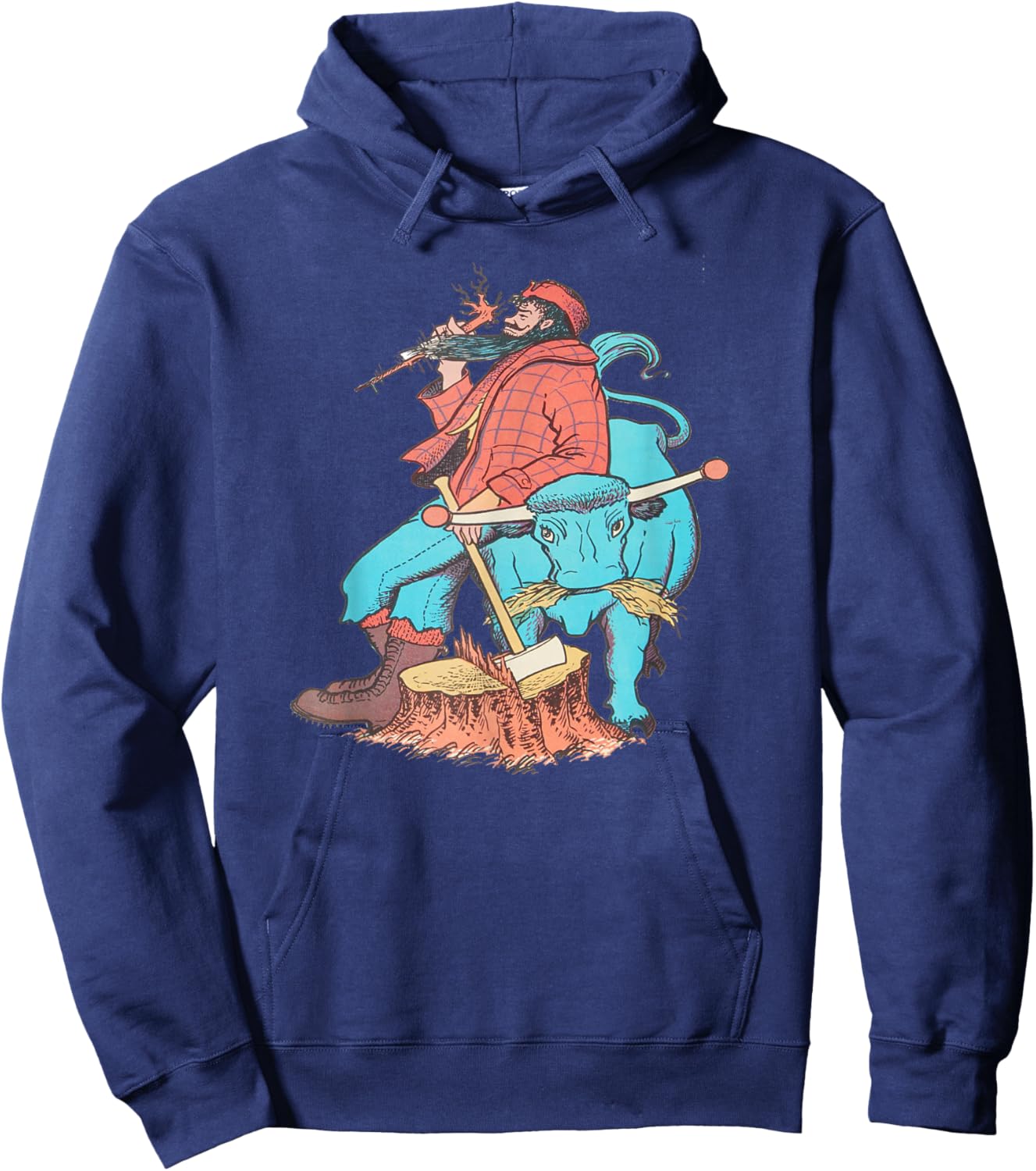 American Lumberjack Folk Hero Paul Bunyan & Babe The Blue Ox , Small, Black Hoodie - Hoodie | Navy