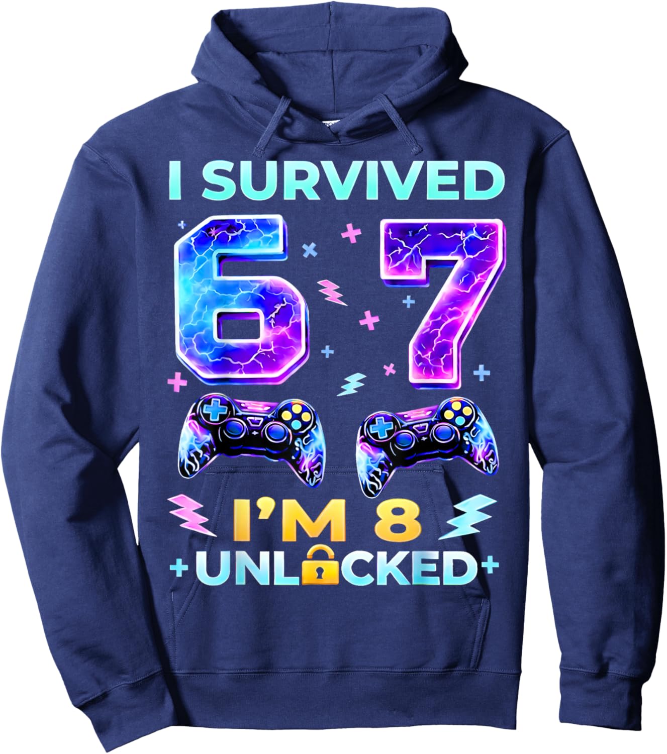 I Survived 6 7 I'm 8 Birthday Boys Gamer Unlocked Gifts Kids Hoodie - Hoodie | Navy