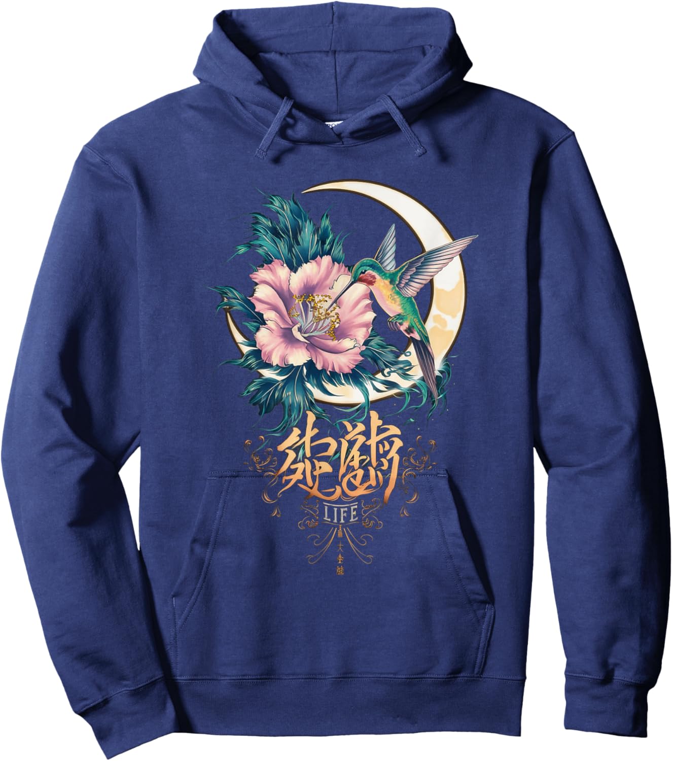 Vibrant Life Hummingbird with Hibiscus Moon Japanese Style Hoodie - Hoodie | Navy