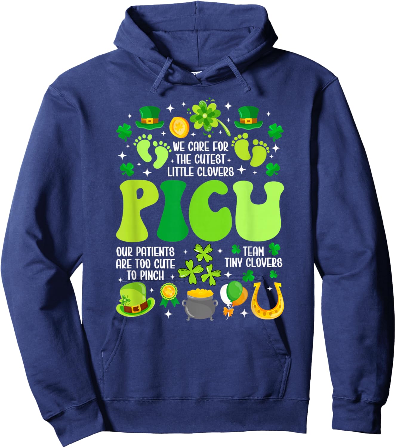 Groovy St. Patrick's Day PICU Nurse Shamrock PICU Nursing Hoodie - Hoodie | Navy