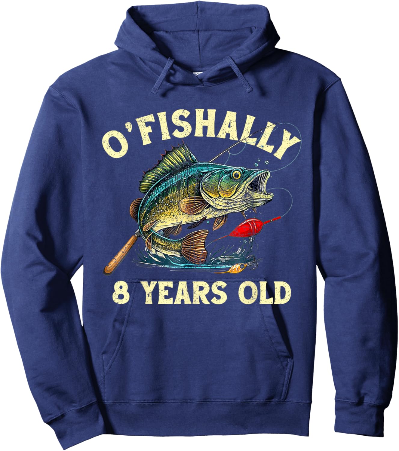 Vintage O'Fishally 8 Years Old Fishing 8th Birthday Boy Hoodie - Hoodie | Navy