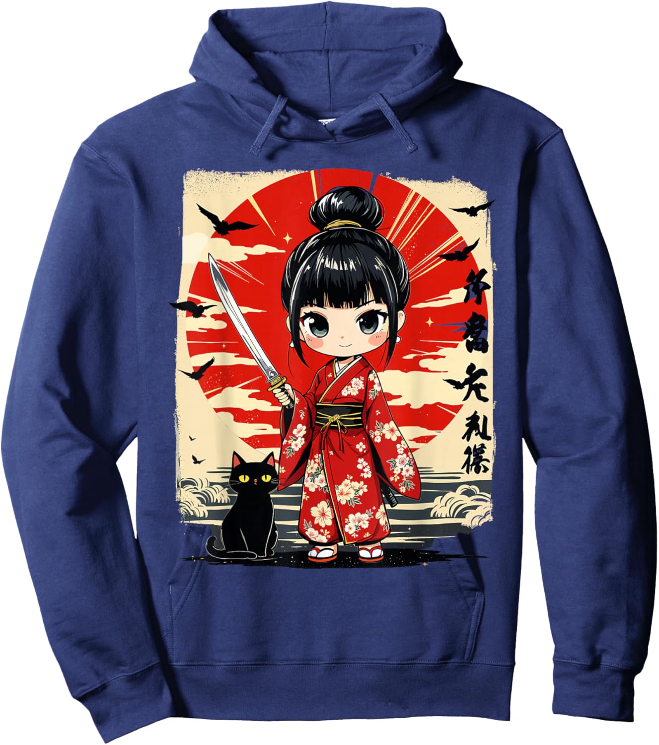 Cute Kawaii Samurai Girl and Cat Japanese Anime Kids Girls Hoodie - Hoodie | Navy