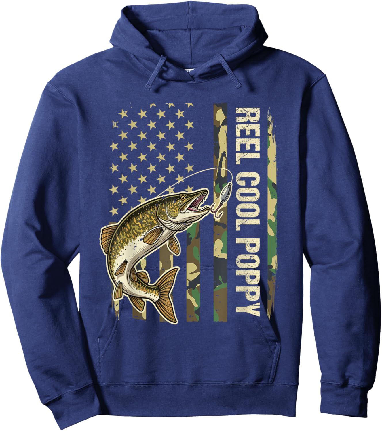 Reel Cool Poppy Northern Pike Fishing Camo American Flag Hoodie - Hoodie | Navy