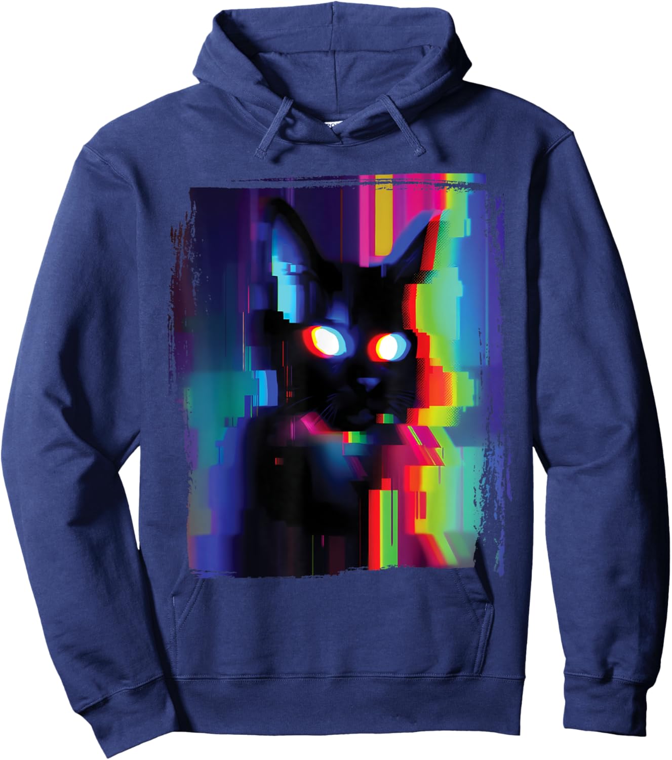Glitch Psychedelic Weirdcore Cat Vaporwave Trippy Women Hoodie - Hoodie | Navy