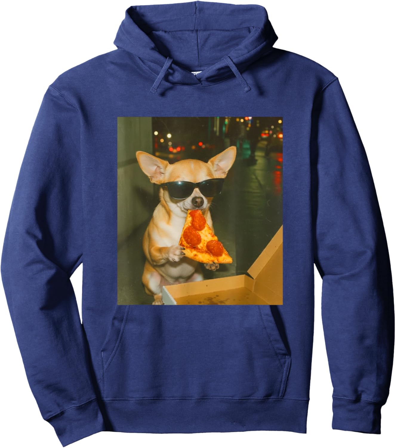 Funny Chihuahua Dog Eating Pizza Meme Retro Hoodie - Hoodie | Navy