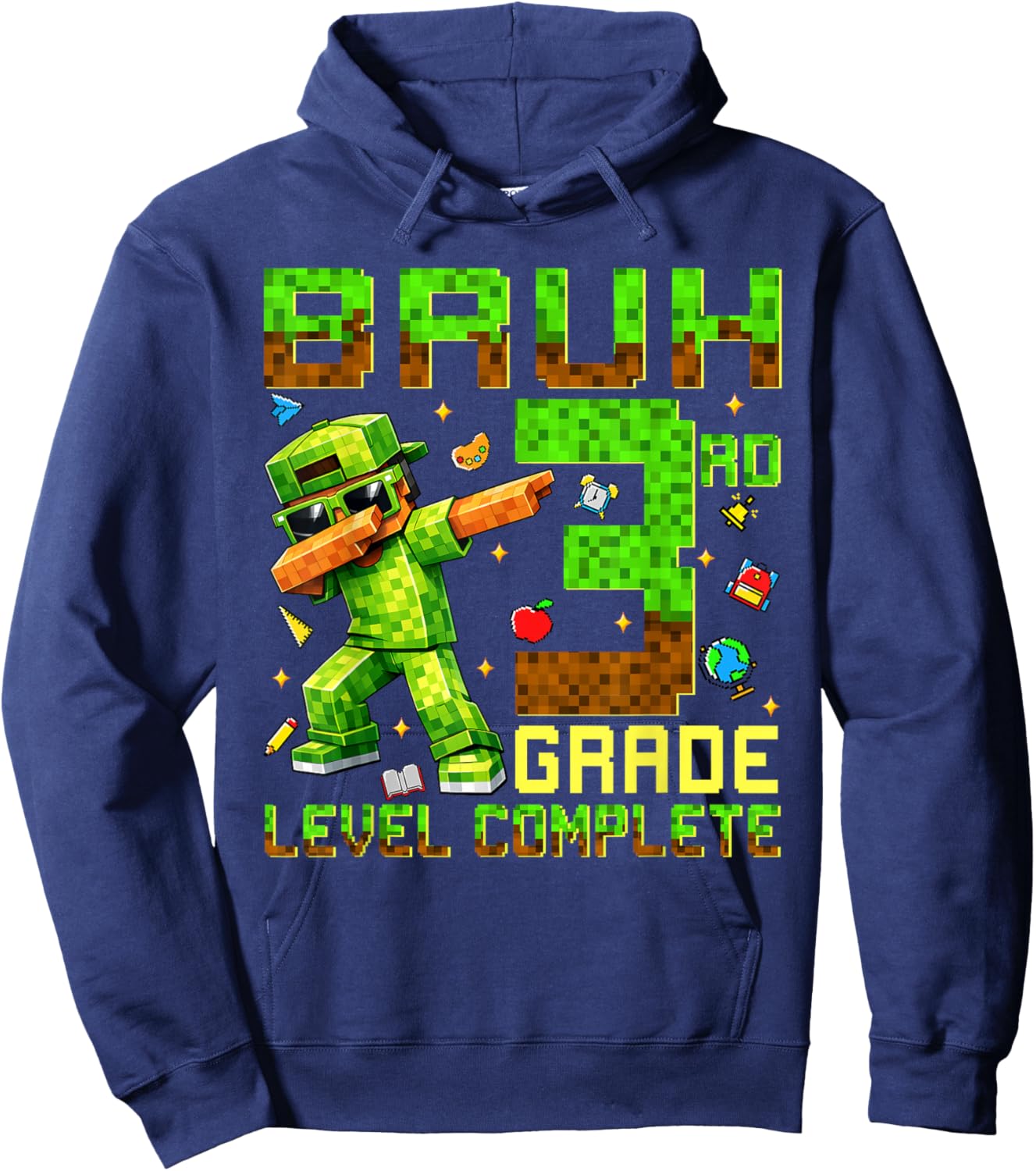 Bruh 3rd Grade Level Complete Last Day of School Boys Game Hoodie - Hoodie | Navy