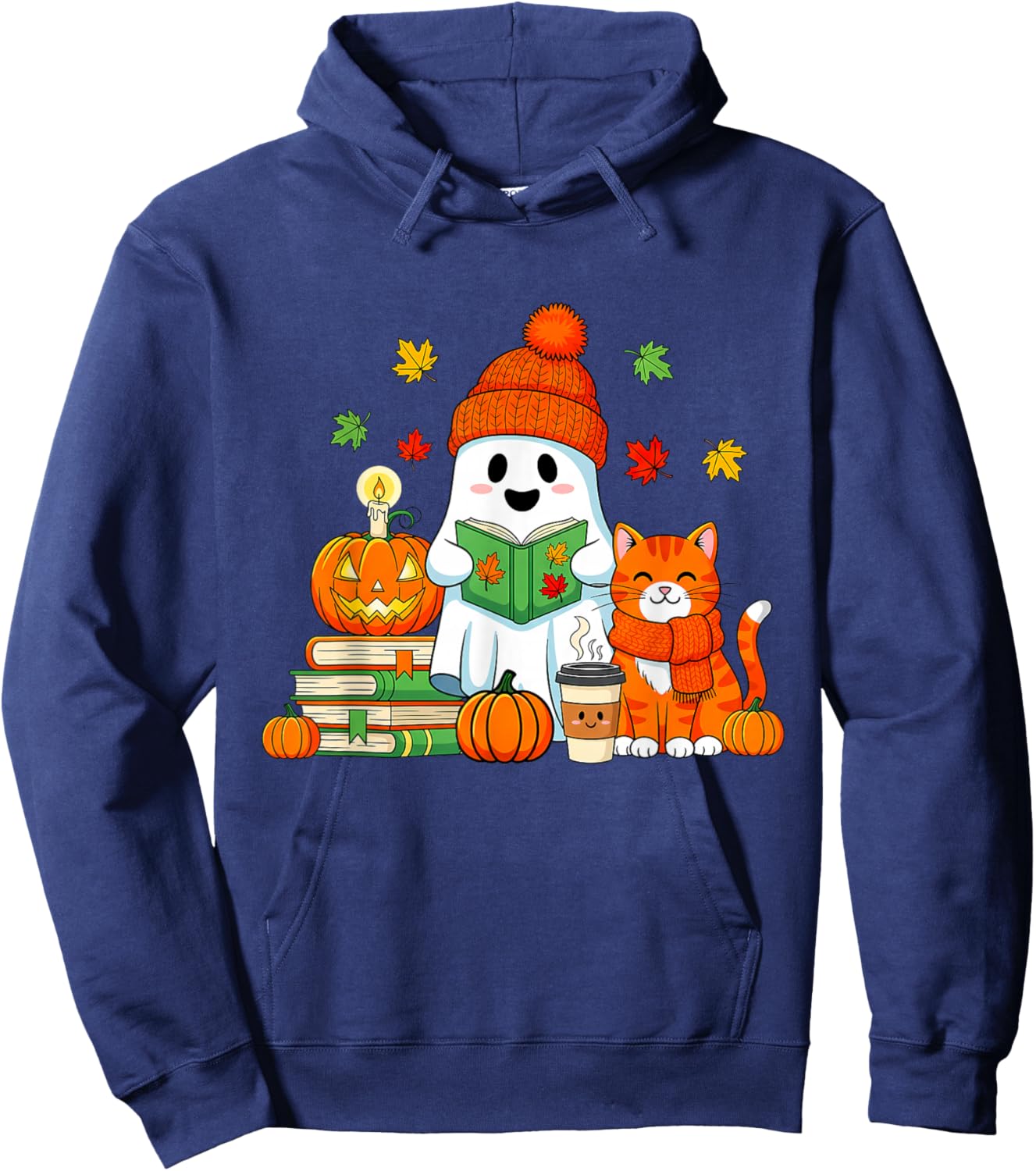 Cute Ghost Reading Book Lovers Autumn Fall Halloween Ghost Hoodie - Hoodie | Navy