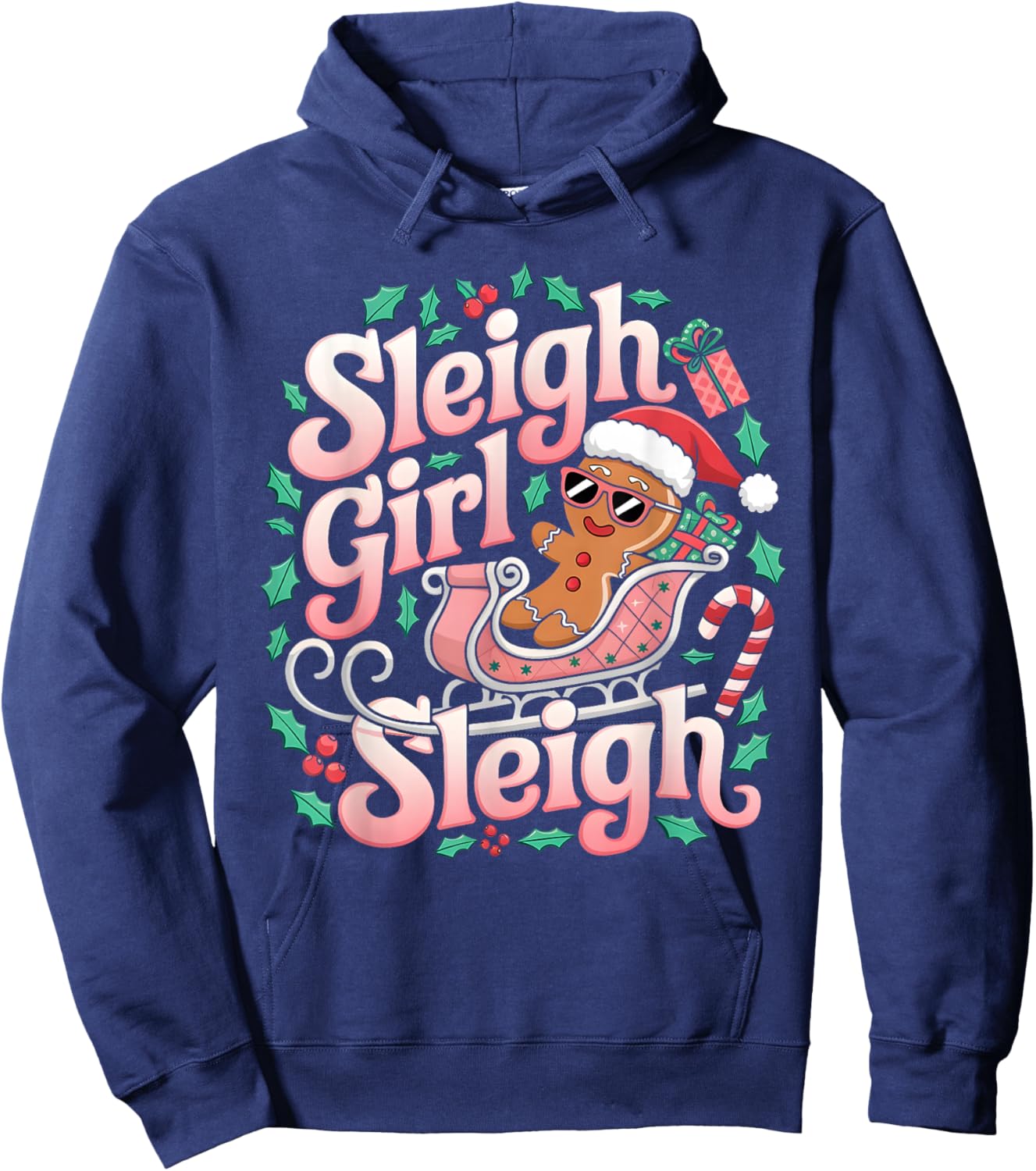 Groovy Pink Christmas Sleigh Girl Sleigh Gingerbread Holiday Hoodie - Hoodie | Navy