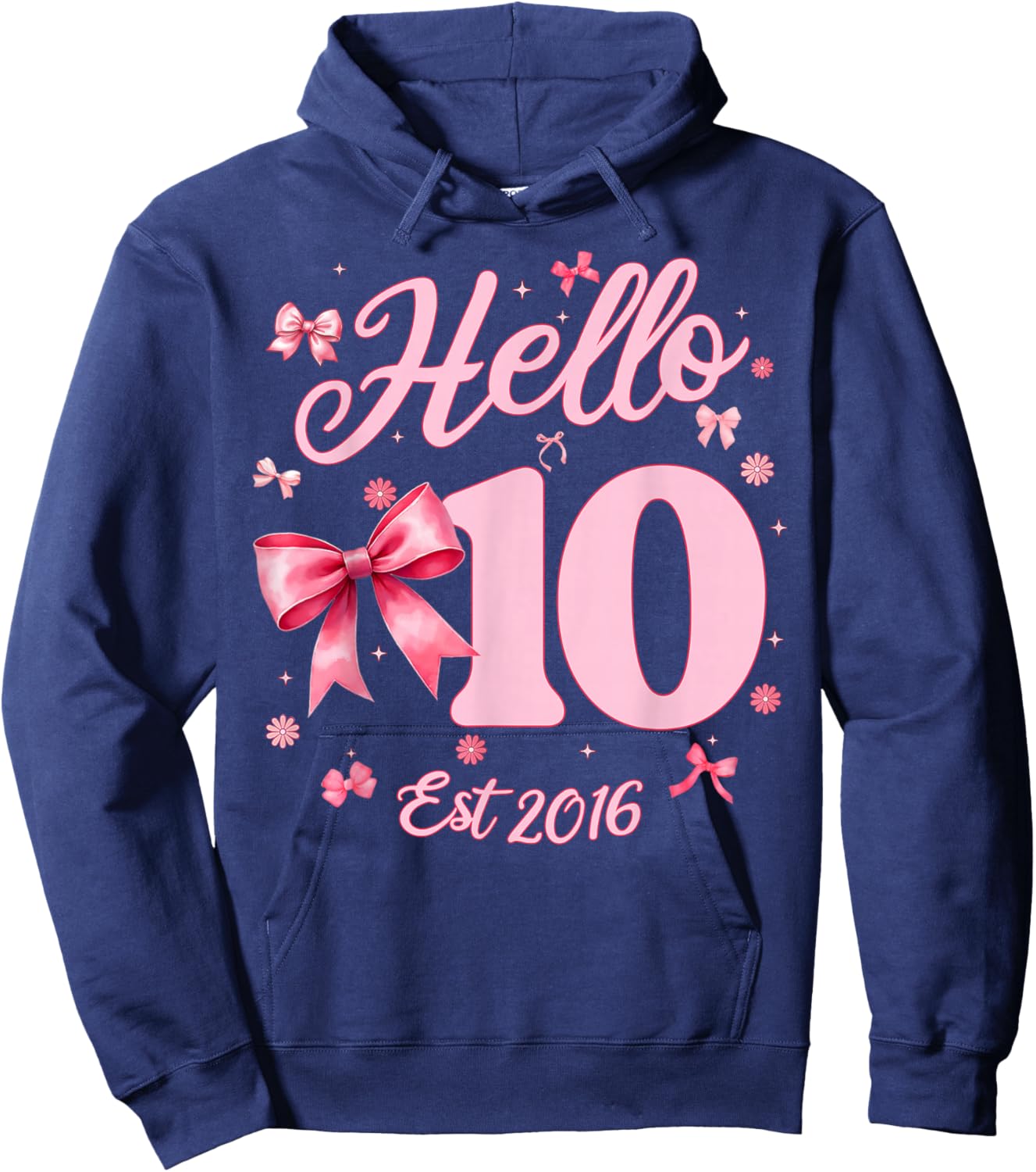 10th Birthday Girl Coquette Bow Hello Ten Est 2016 10 Yr Old Hoodie - Hoodie | Navy