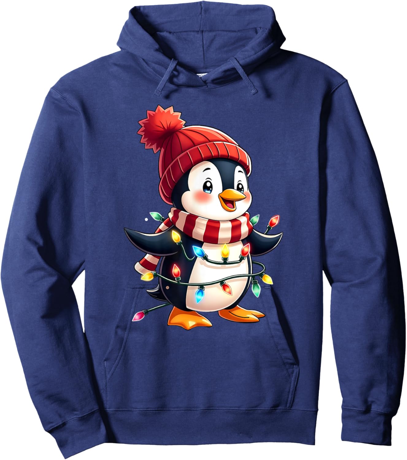 Cute Christmas Penguin Wrapped in Lights Holiday Design Hoodie - Hoodie | Navy