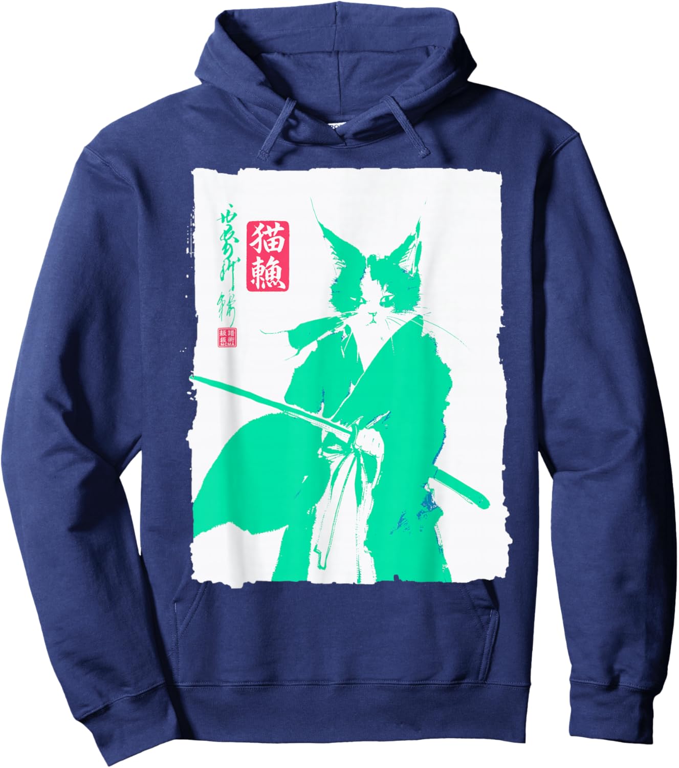 Samurai Cat Japanese Art Funny Anime Manga Graphic Hoodie - Hoodie | Navy