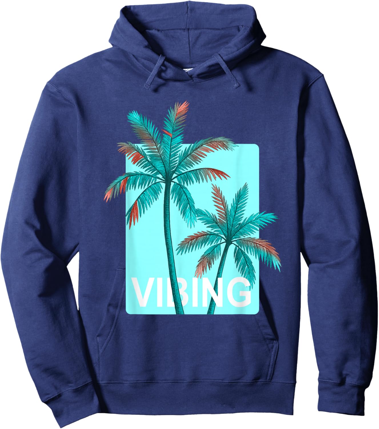 Turquoise Color Palm Trees Vibing Turquoise Graphic Hoodie - Hoodie | Navy