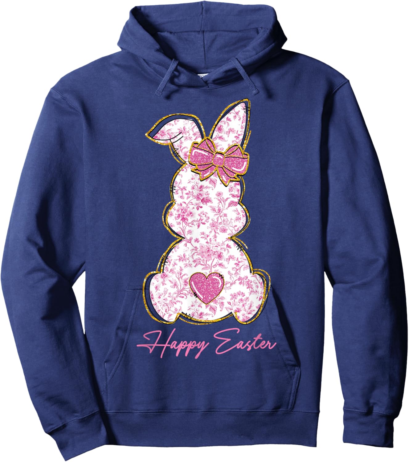 Happy Easter Bunny Girls Easter Women Pink Floral Coquette Hoodie - Hoodie | Navy