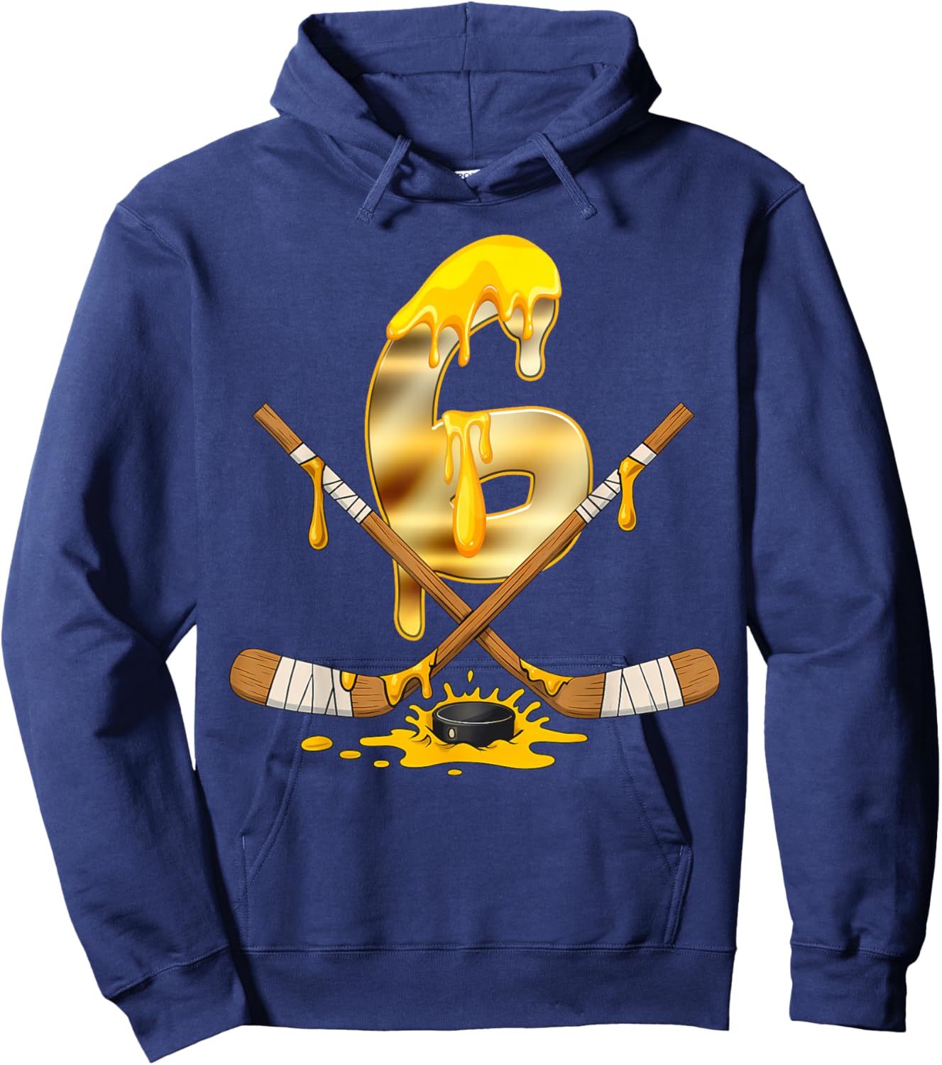 6 Years Old Golden Hockey Drip Youth 6th Birthday Boys Hoodie - Hoodie | Navy
