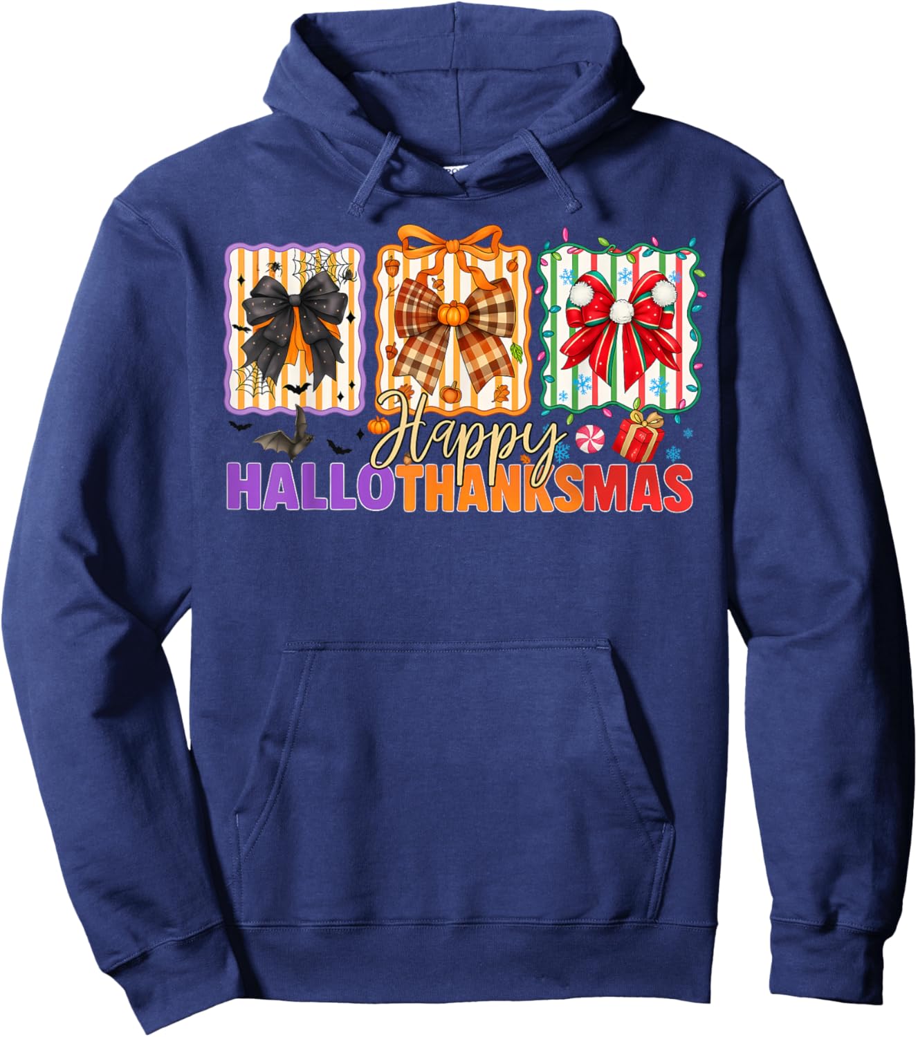 Bows Halloween Thanksgiving Christmas Happy HalloThanksMas Hoodie - Hoodie | Navy