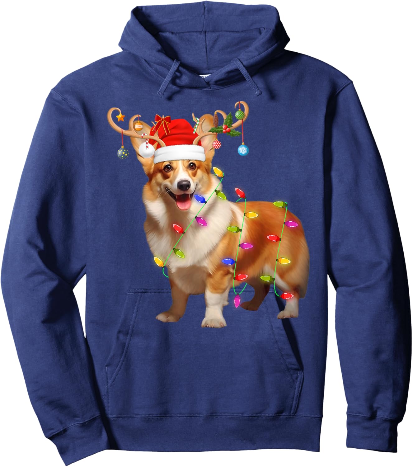 Corgi Dog Xmas Lights Reindeer Santa Corgi Dog Christmas Hoodie - Hoodie | Navy