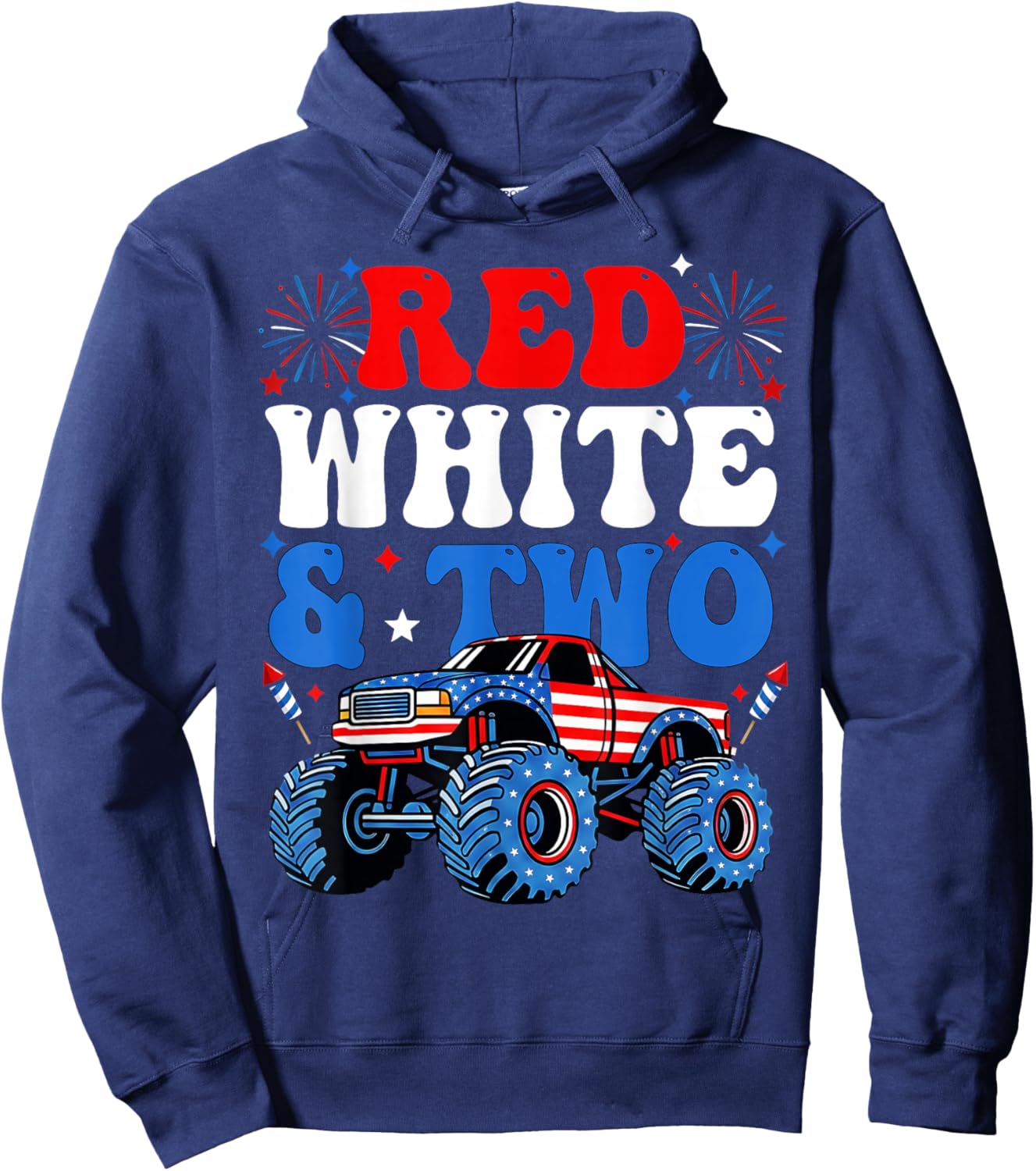 2nd Birthday Boy Monster Truck Red White and Two 4th of July Hoodie - Hoodie | Navy