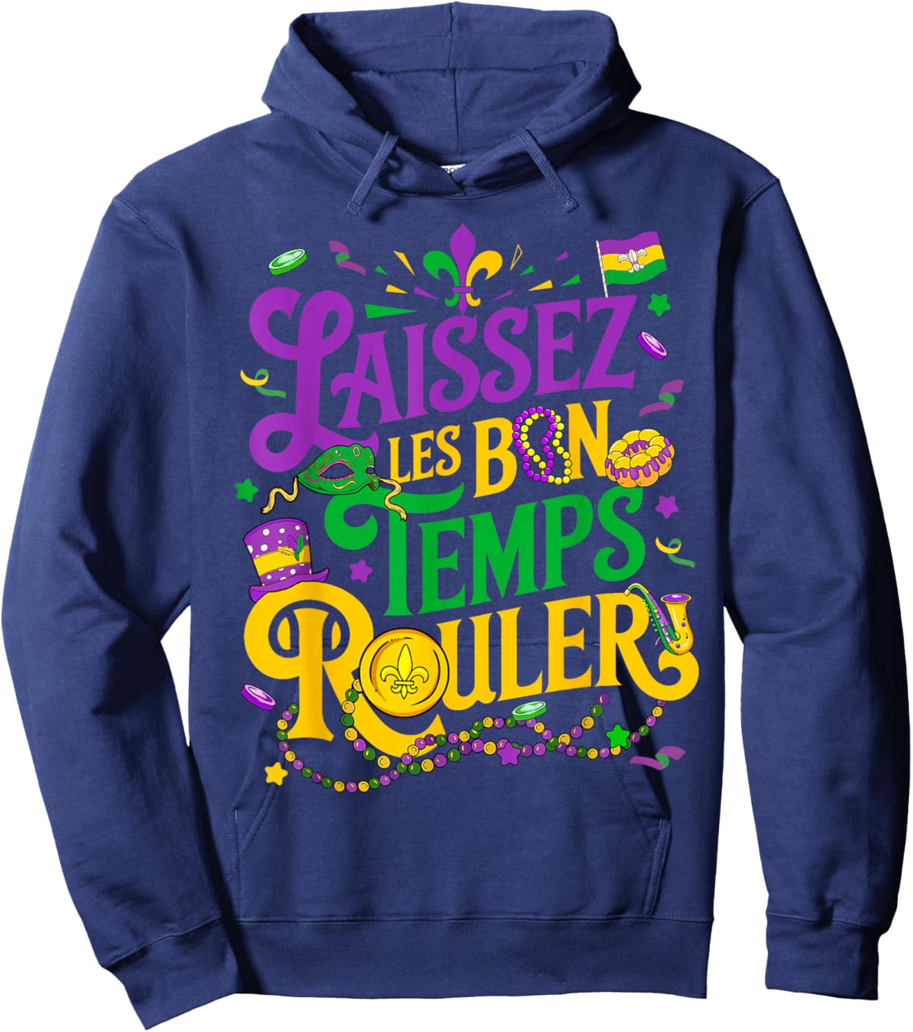 Laissez Les Bon Temps Rouler Mardi Gras Beads Fleur De Lis Hoodie - Hoodie | Navy
