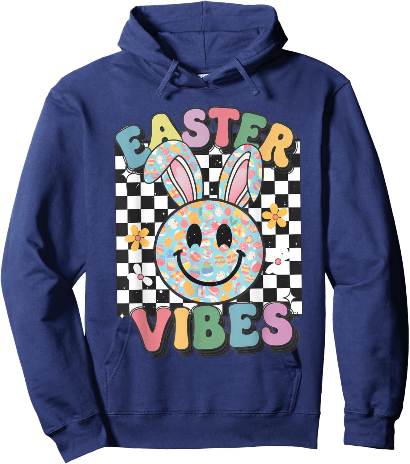 Retro Groovy Easter Vibes Bunny Checkered Smile Girls Hoodie - Hoodie | Navy