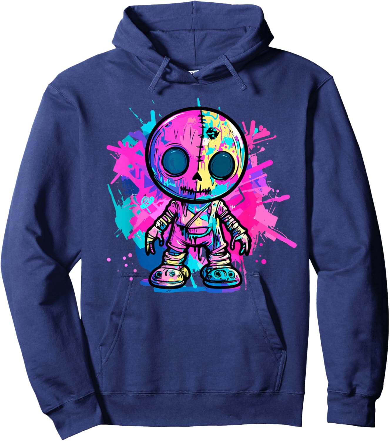 Vibrant Skull Doll Graffiti Style Hoodie - Hoodie | Navy