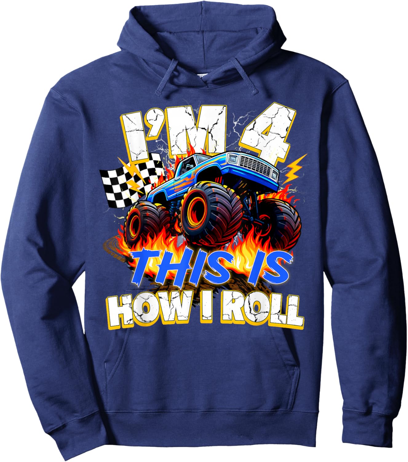 Funny 4 Year Old Birthday Boy Monster Truck 4th Bday Kids Hoodie - Hoodie | Navy