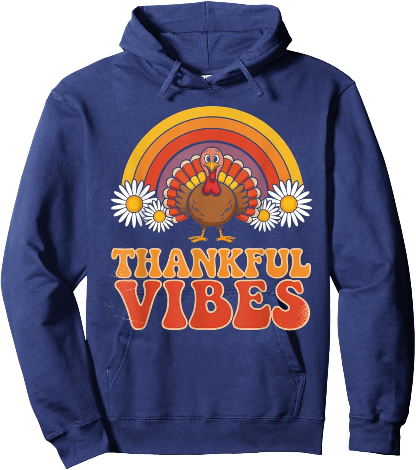 Thankful Vibes Turkey Rainbow Funny Retro Thanksgiving Gifts Hoodie - Hoodie | Navy