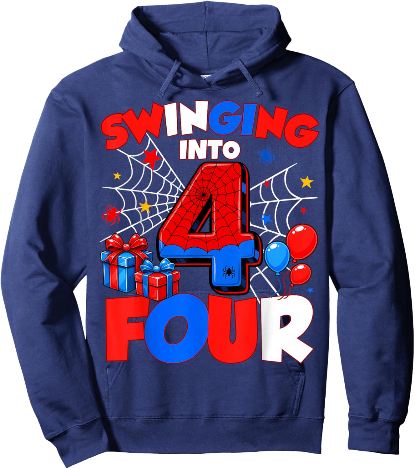 Swinging Into Four 4th Birthday Spiders 4 Year Old Boys Hoodie - Hoodie | Navy