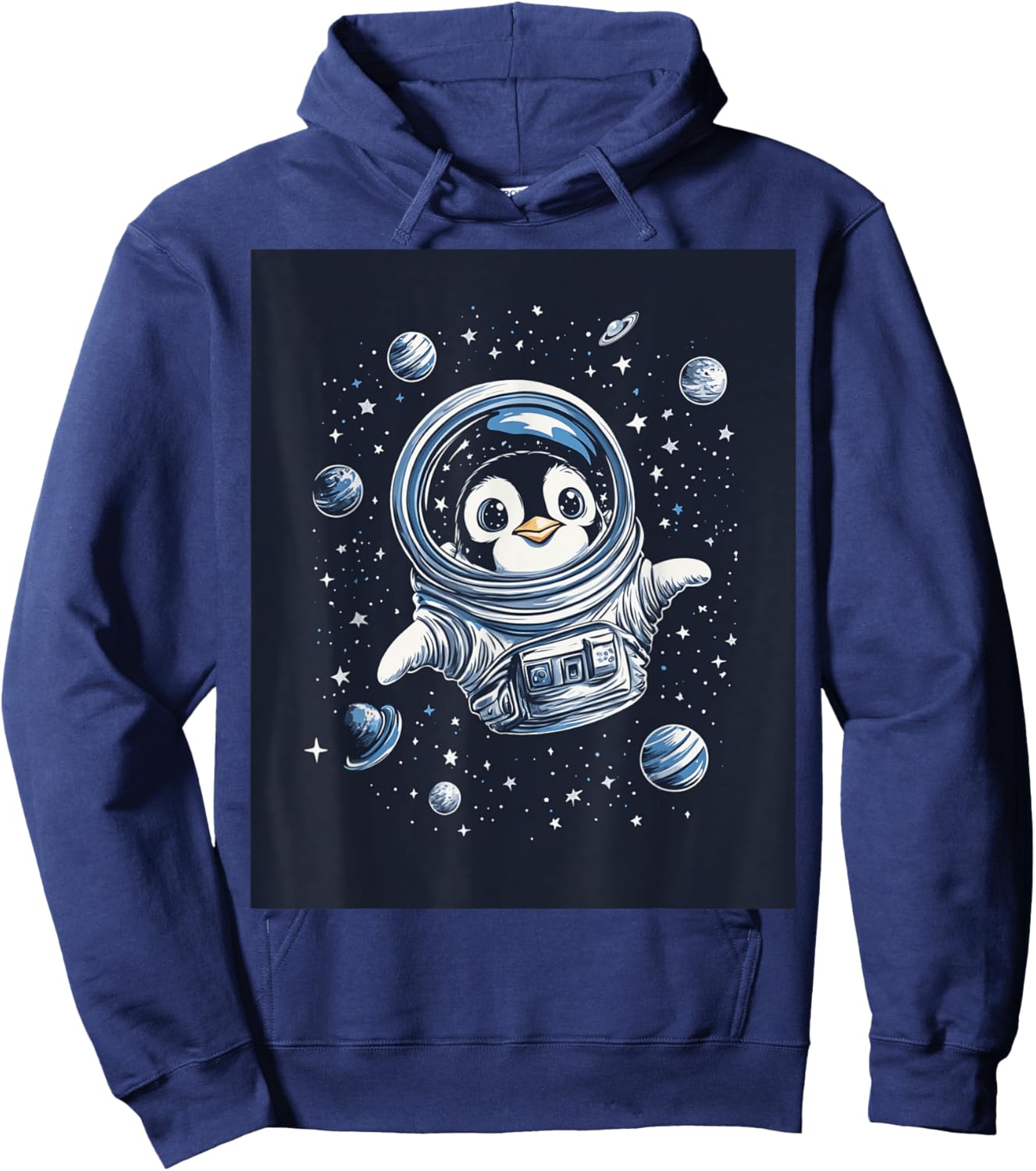 Cute Penguin in Space Floating Among Stars Apparel Hoodie - Hoodie | Navy